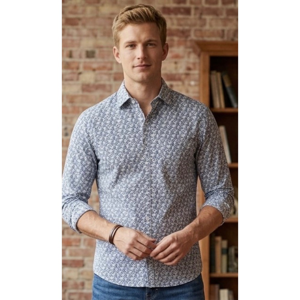 Rodd & Gunn Mens Blue White Botanical Leaf Print Cotton Button Down Shirt M
